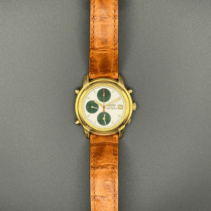 Vintage Seiko 7T32-6G10 Chronograph, 1995, Gold Tone white dial with brown leather band